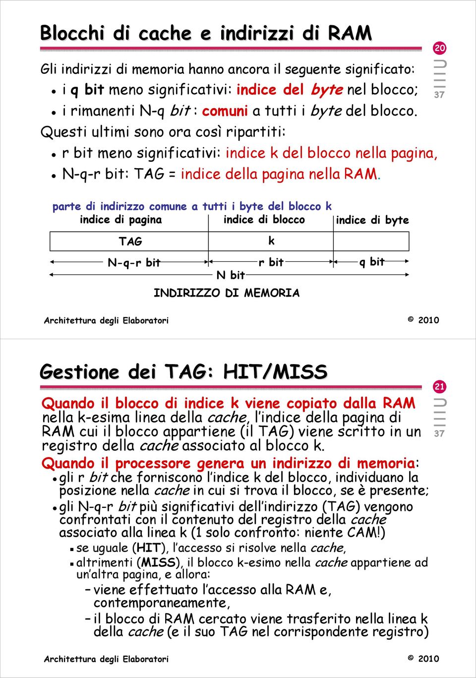 parte di indirizzo comune a tutti i byte del blocco k indice di pagina indice di blocco indice di byte TAG k N-q-r bit r bit N bit INDIRIZZO DI MEMORIA q bit Gestione dei TAG: HIT/MISS Quando il