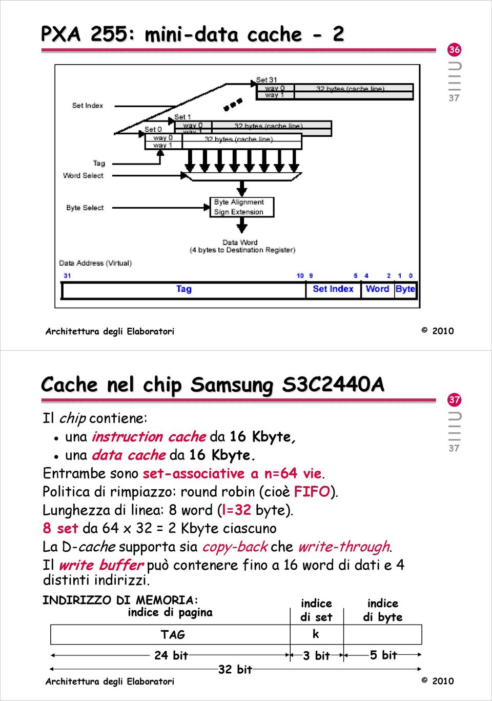 Lunghezza di linea: 8 word (l=32 byte). 8 set da 64 x 32 = 2 Kbyte ciascuno La D-cache supporta sia copy-back che write-through.