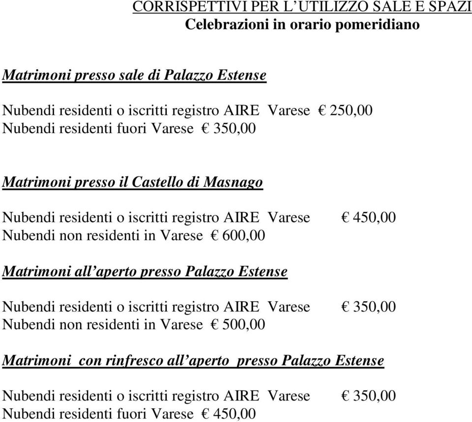 residenti in Varese 600,00 Matrimoni all aperto presso Palazzo Estense Nubendi residenti o iscritti registro AIRE Varese 350,00 Nubendi non residenti in Varese