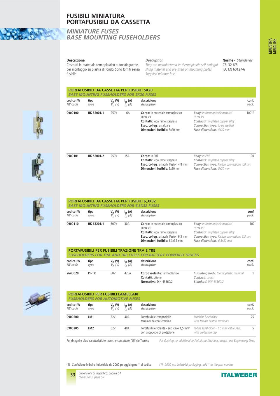 Norme - Standards CEI 32-6/6 IEC EN 60127-6 PORTAFUSIBILI DA CASSETTA PER FUSIBILI 5X20 BASE MOUNTING FUSEHOLDERS FOR 5X20 FUSES codice IW tipo V n (V) I n (A) descrizione conf.