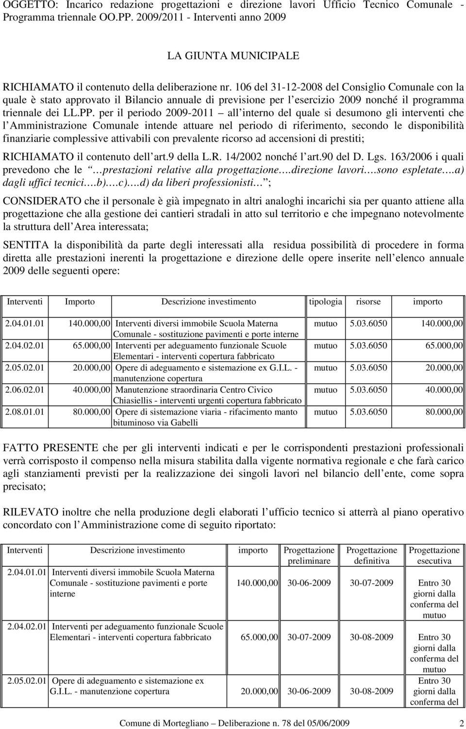 106 del 31-12-2008 del Consiglio Comunale con la quale è stato approvato il Bilancio annuale di previsione per l esercizio 2009 nonché il programma triennale dei LL.PP.