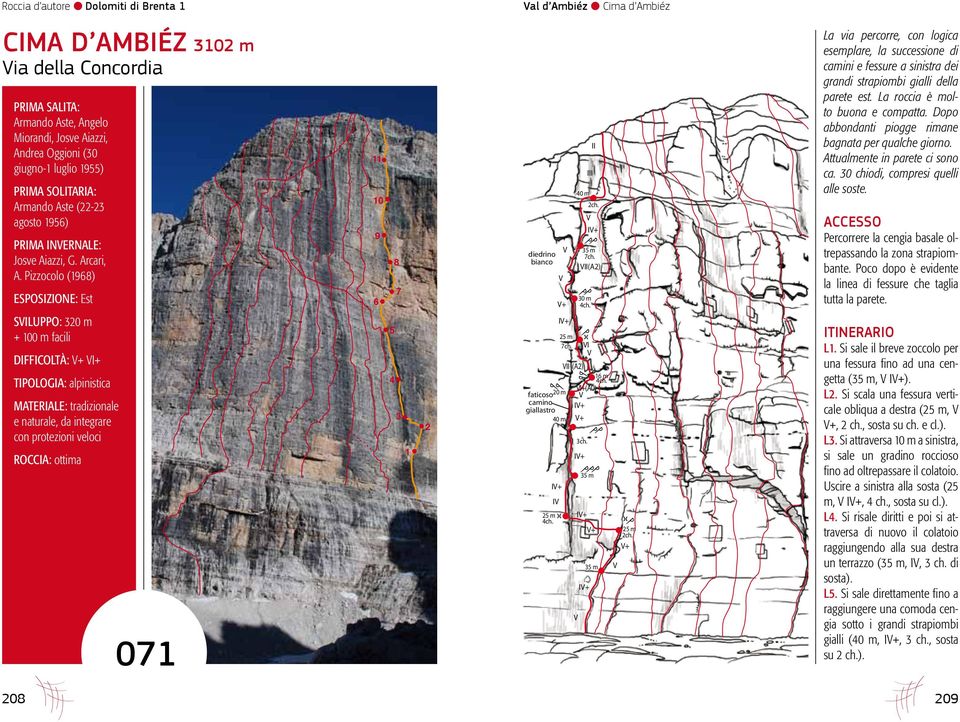 Pizzocolo (1968) ESPOSIZIONE: Est SILUPPO: 320 m + 100 m facili DIFFICOLTÀ: + I+ TIPOLOGIA: alpinistica MATERIALE: tradizionale e naturale, da integrare con protezioni veloci ROCCIA: ottima 071 11 10