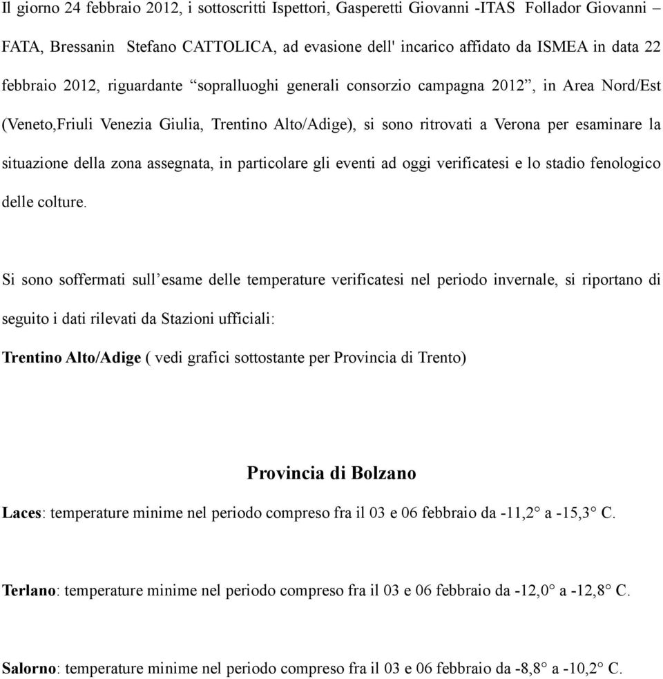 zona assegnata, in particolare gli eventi ad oggi verificatesi e lo stadio fenologico delle colture.