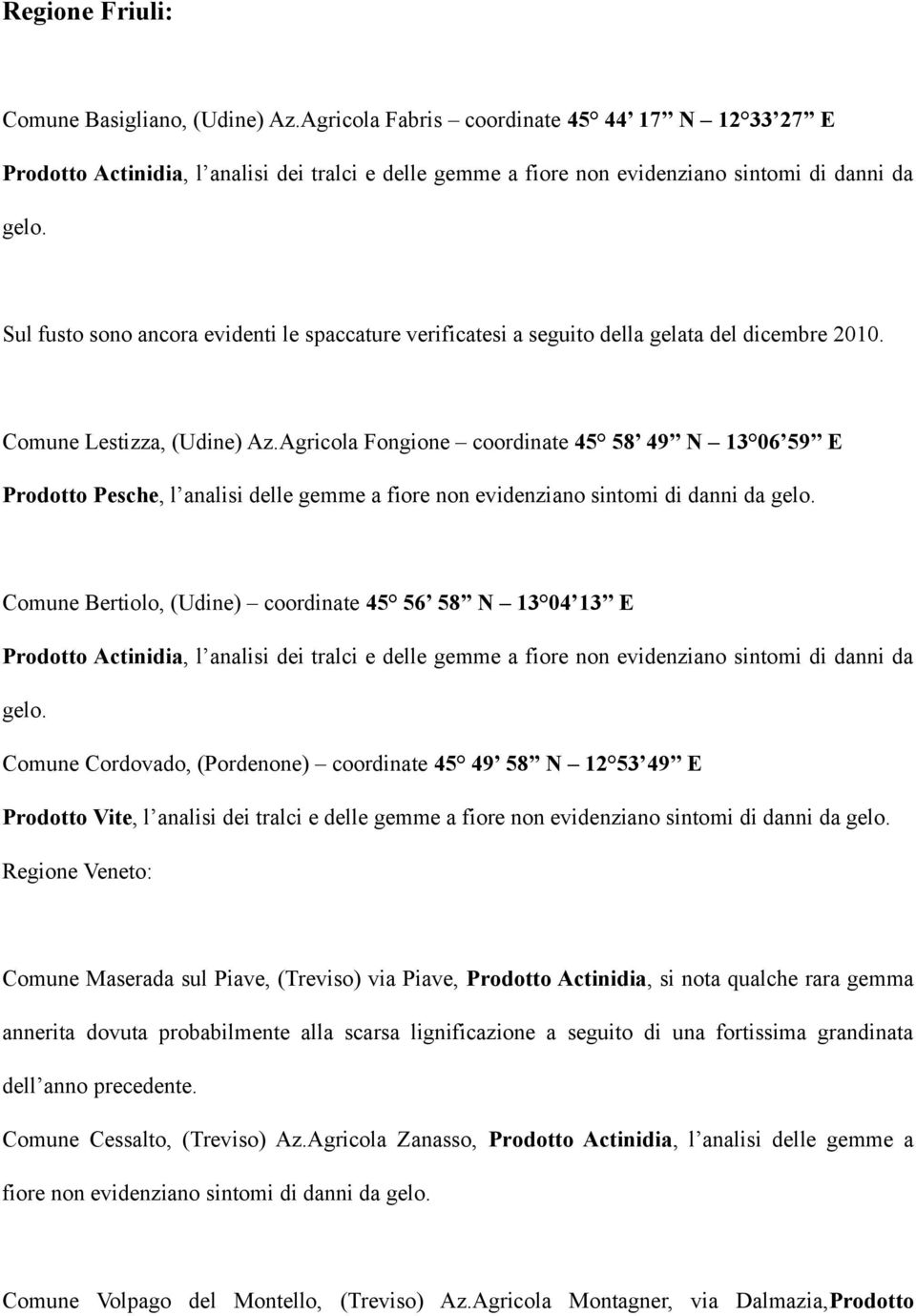 Agricola Fongione coordinate 45 58 49 N 13 06 59 E Prodotto Pesche, l analisi delle gemme a fiore non evidenziano sintomi di danni da gelo.