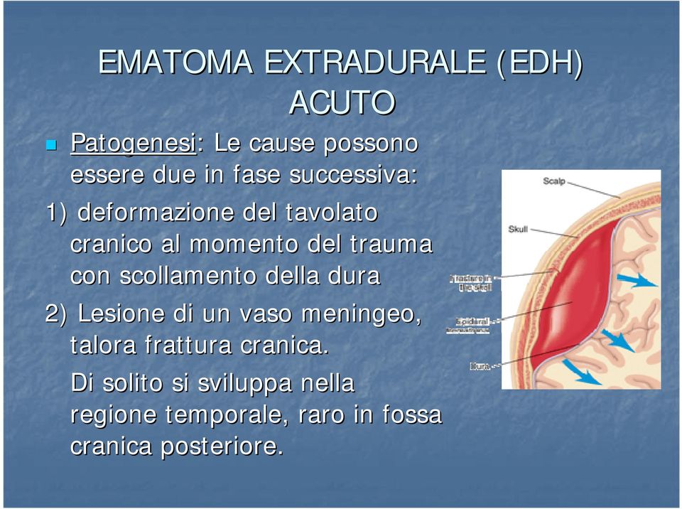 scollamento della dura 2) Lesione di un vaso meningeo, talora frattura cranica.