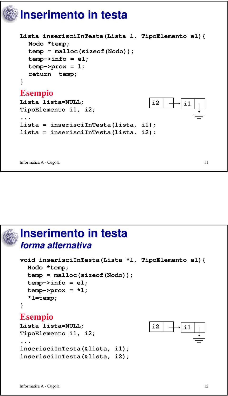 11 Inserimento in testa forma alternativa void inserisciintesta(lista *l, TipoElemento el){ Nodo *temp; temp >info =