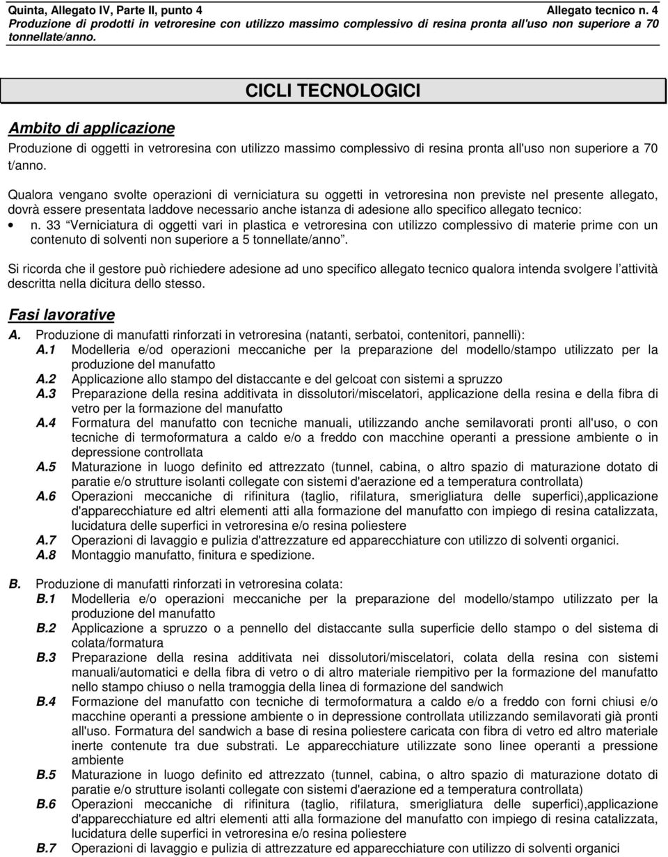 Qualora vengano svolte operazioni di verniciatura su oggetti in vetroresina non previste nel presente allegato, dovrà essere presentata laddove necessario anche istanza di adesione allo specifico