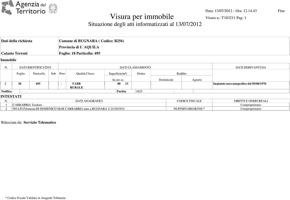 05/06/1976 RURALE Notifica Partita 1625 INTESTATI N.