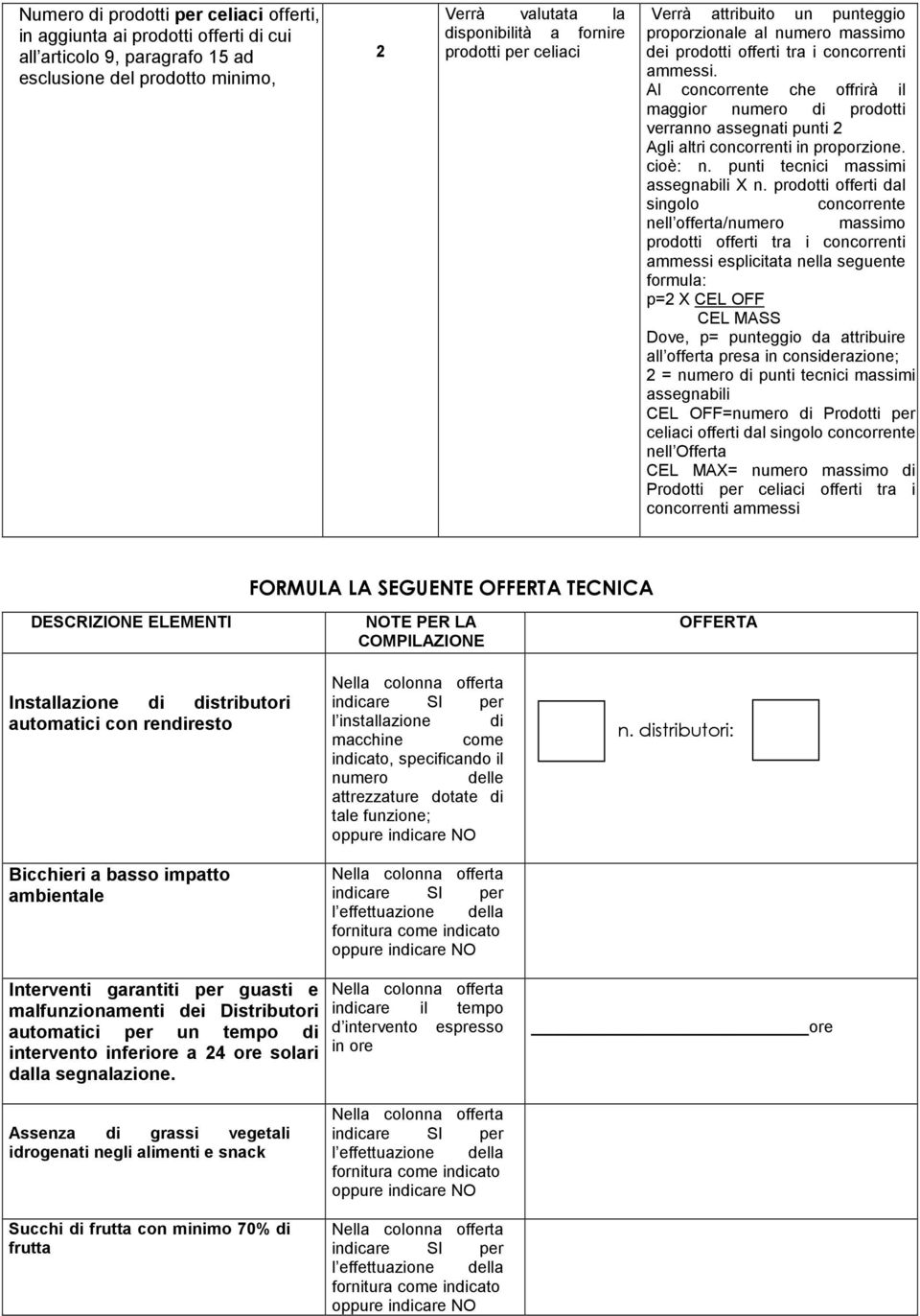 prodotti offerti dal ammessi esplicitata nella seguente formula: p=2 X CEL OFF CEL MASS 2 = numero di punti tecnici massimi CEL OFF=numero di Prodotti per celiaci offerti dal nell Offerta CEL MAX=