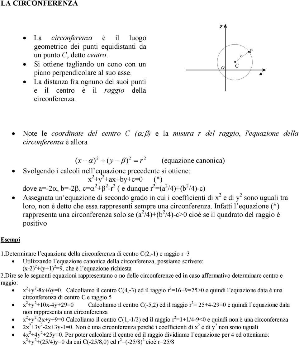 Note le coordinate del centro C (;) e la misura r del raggio, l'equazione della circonferenza è allora ( x ) ( y ) r (equazione canonica) Svolgendo i calcoli nell equazione precedente si ottiene: x