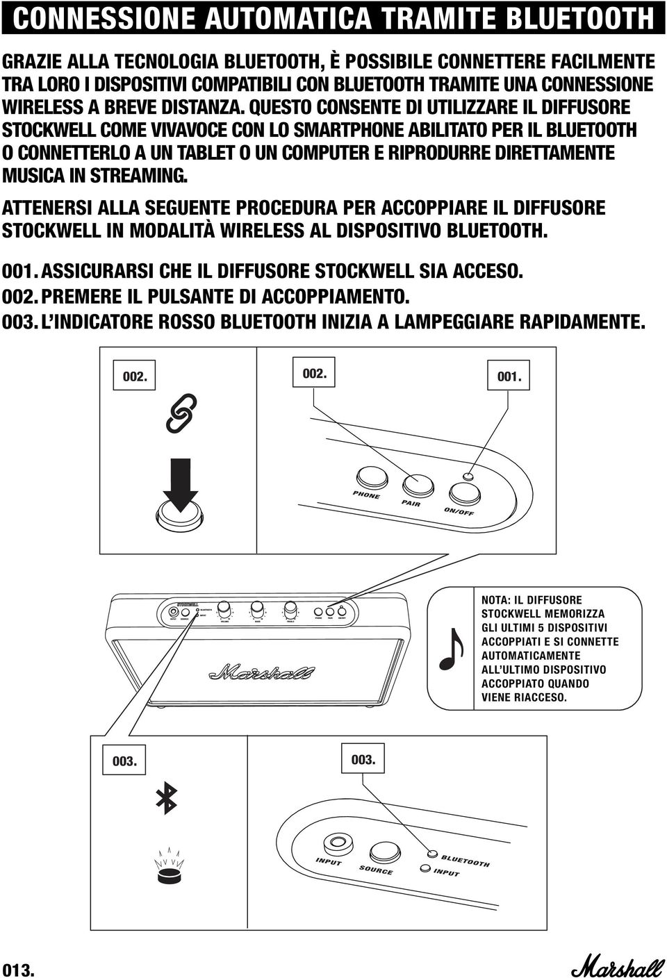 QUESTO CONSENTE DI UTILIZZARE IL DIFFUSORE STOCKWELL COME VIVAVOCE CON LO SMARTPHONE ABILITATO PER IL BLUETOOTH O CONNETTERLO A UN TABLET O UN COMPUTER E RIPRODURRE DIRETTAMENTE MUSICA IN STREAMING.