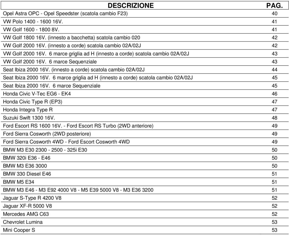 6 marce griglia ad H (innesto a corde) scatola cambio 02A/02J 43 VW Golf 2000 16V. 6 marce Sequenziale 43 Seat Ibiza 2000 16V. (innesto a corde) scatola cambio 02A/02J 44 Seat Ibiza 2000 16V.