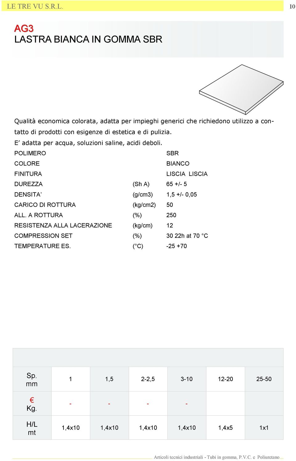 SBR BIANCO LISCIA LISCIA DUREZZA (Sh A) 65 +/- 5 DENSITA (g/cm3) 1,5 +/- 0,05 CARICO DI ROTTURA (kg/cm2) 50 ALL.