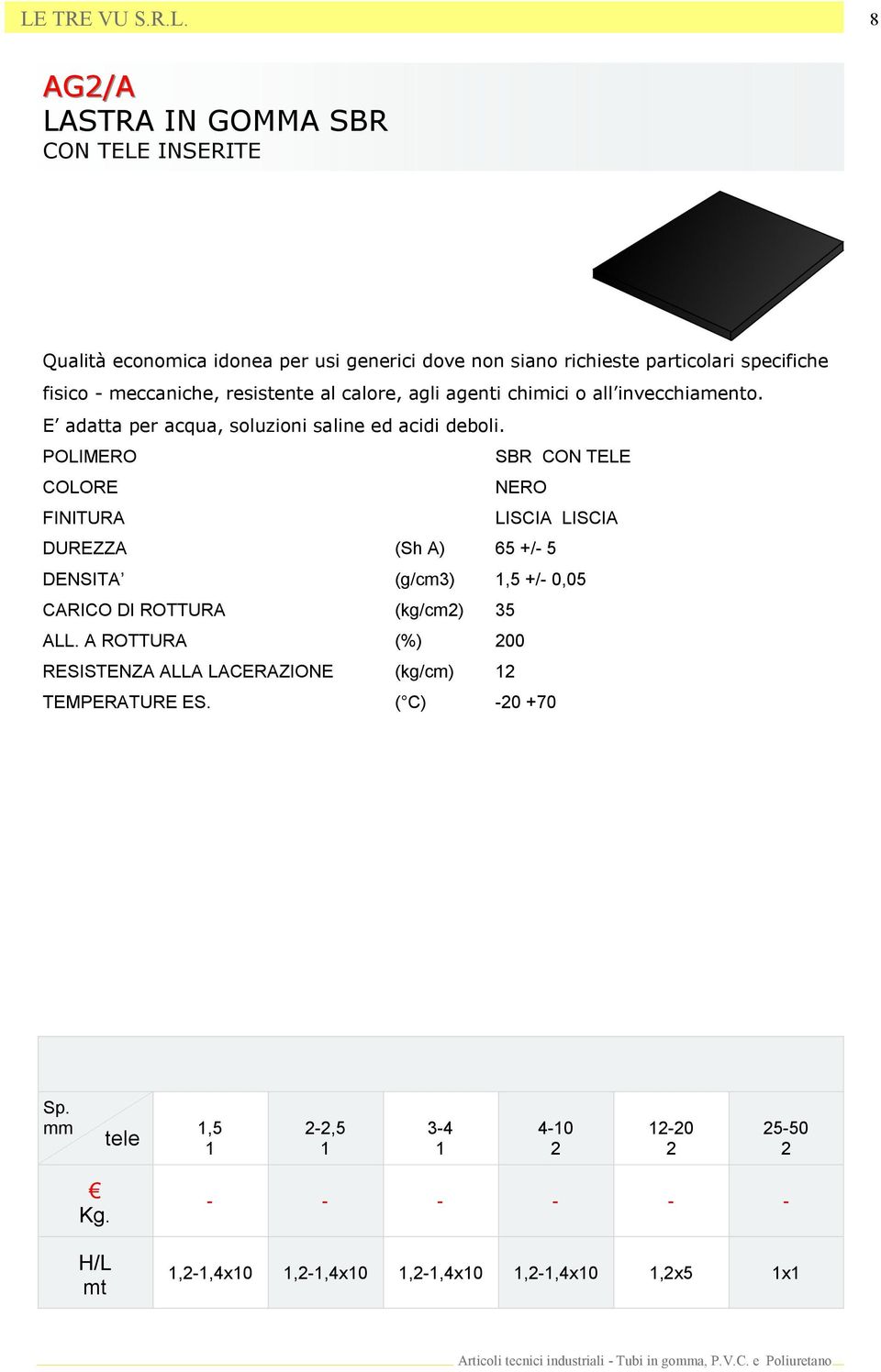 SBR CON TELE LISCIA LISCIA DUREZZA (Sh A) 65 +/- 5 DENSITA (g/cm3) 1,5 +/- 0,05 CARICO DI ROTTURA (kg/cm2) 35 ALL.