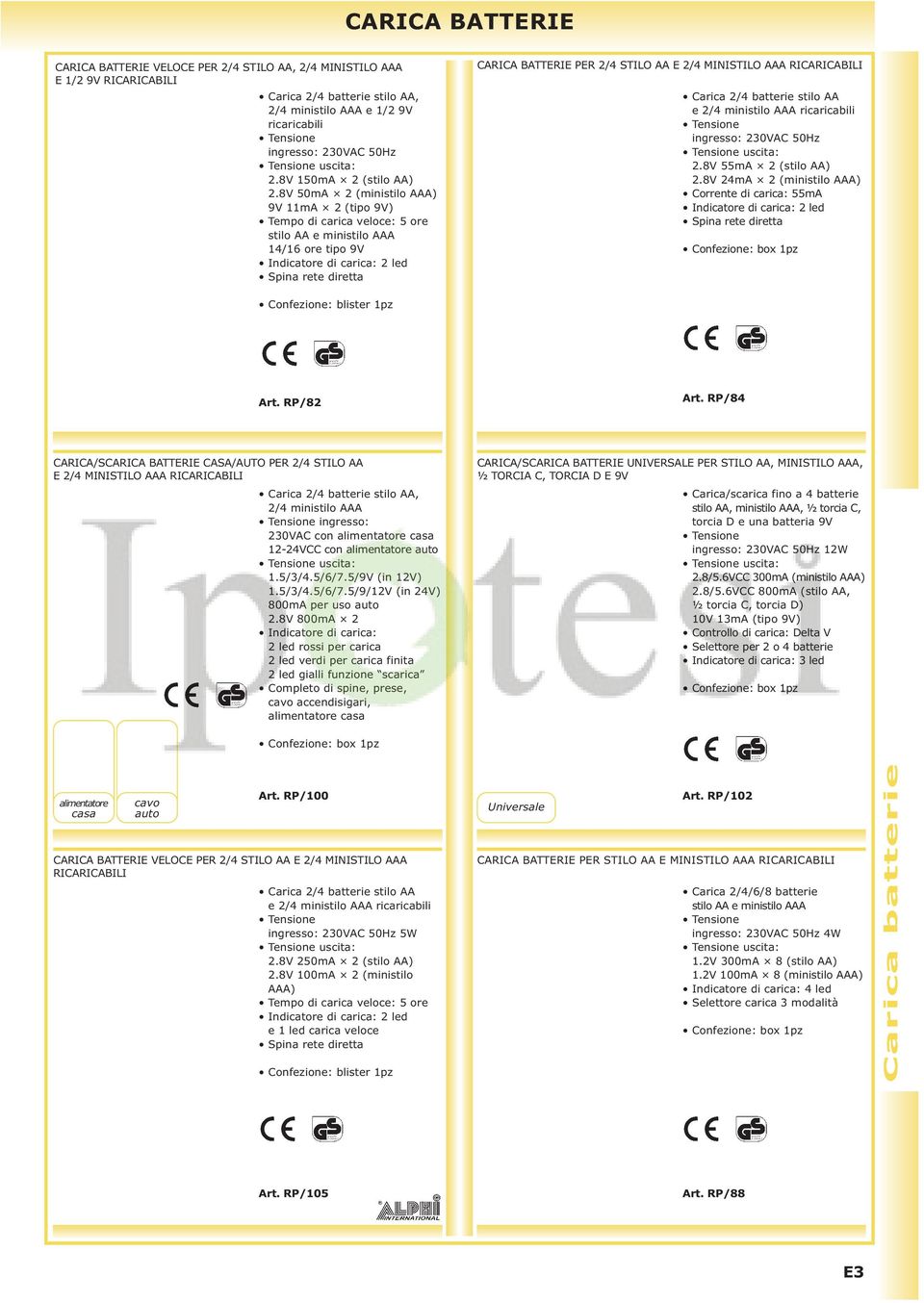 MINISTILO AAA RIBILI Carica 2/4 batterie stilo AA e 2/4 ministilo AAA ricaricabili ingresso: 230VAC 50Hz 2.8V 55mA 2 (stilo AA) 2.