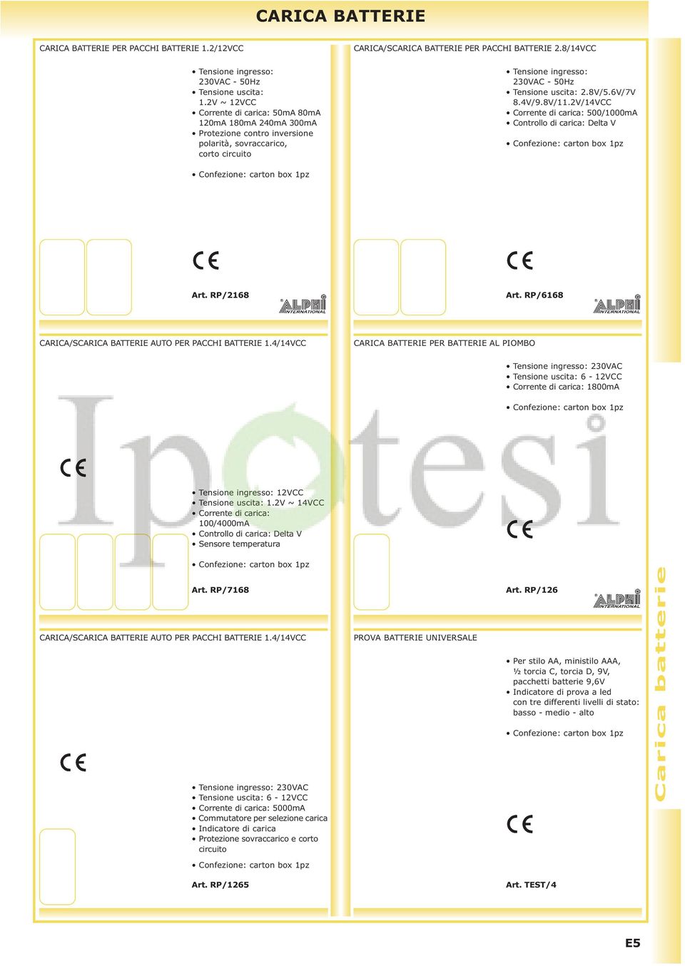 8/14VCC ingresso: 230VAC - 50Hz 2.8V/5.6V/7V 8.4V/9.8V/11.2V/14VCC Corrente di carica: 500/1000mA Controllo di carica: Delta V Art. RP/2168 Art. RP/6168 /S BATTERIE AUTO PER PACCHI BATTERIE 1.