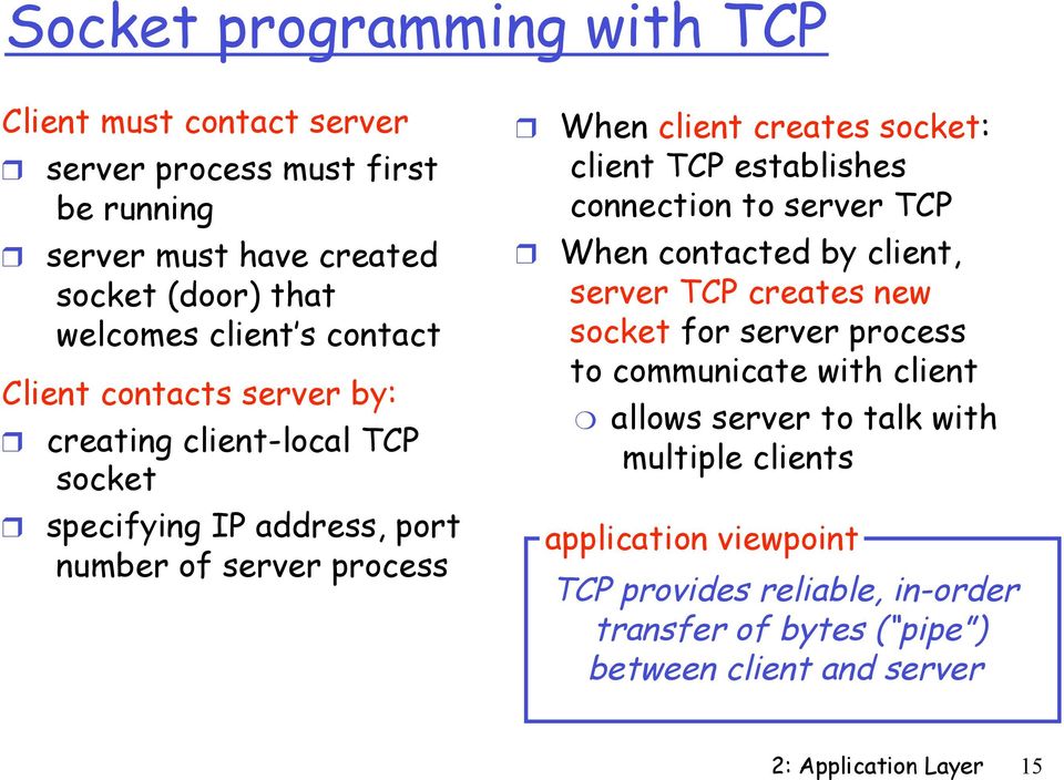 TCP establishes connection to server TCP When contacted by client, server TCP creates new socket for server process to communicate with client allows server