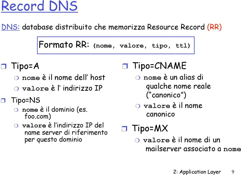 com) valore è l indirizzo IP del name server di riferimento per questo dominio Tipo=CNAME nome è un alias di