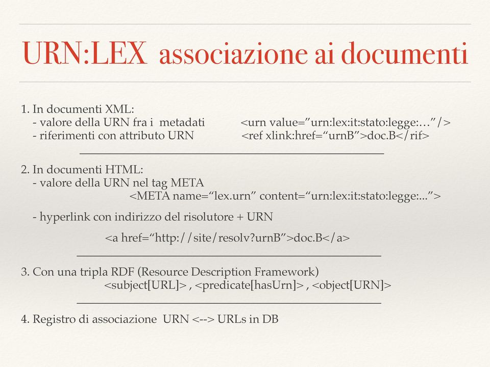 xlink:href= urnb >doc.b</rif> 2. In documenti HTML: - valore della URN nel tag META <META name= lex.urn content= urn:lex:it:stato:legge:.