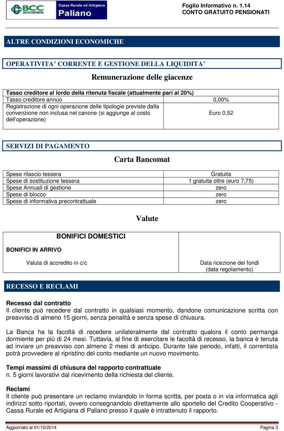 Spese rilascio tessera Gratuita Spese di sostituzione tessera 1 gratuita oltre (euro 7,75) Spese Annuali di gestione Spese di blocco Spese di informativa precontrattuale BONIFICI IN ARRIVO BONIFICI