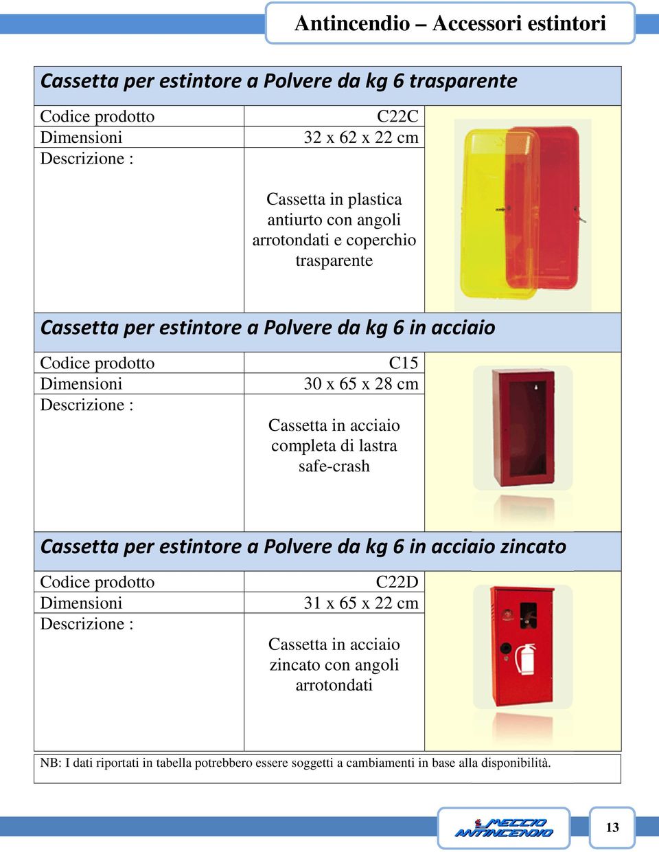 acciaio Dimensioni Descrizione : C15 30 x 65 x 28 cm Cassetta in acciaio completa di lastra safe-crash Cassetta per estintore a