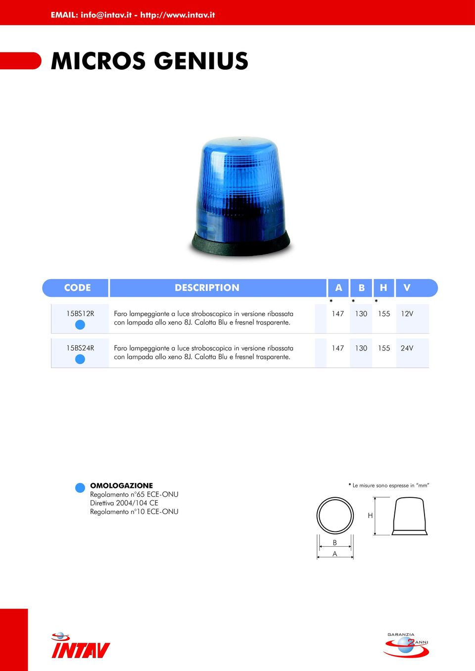 A B H V * * * 147 130 155 12V 15BS24R Faro lampeggiante a luce stroboscopica in versione ribassata con lampada