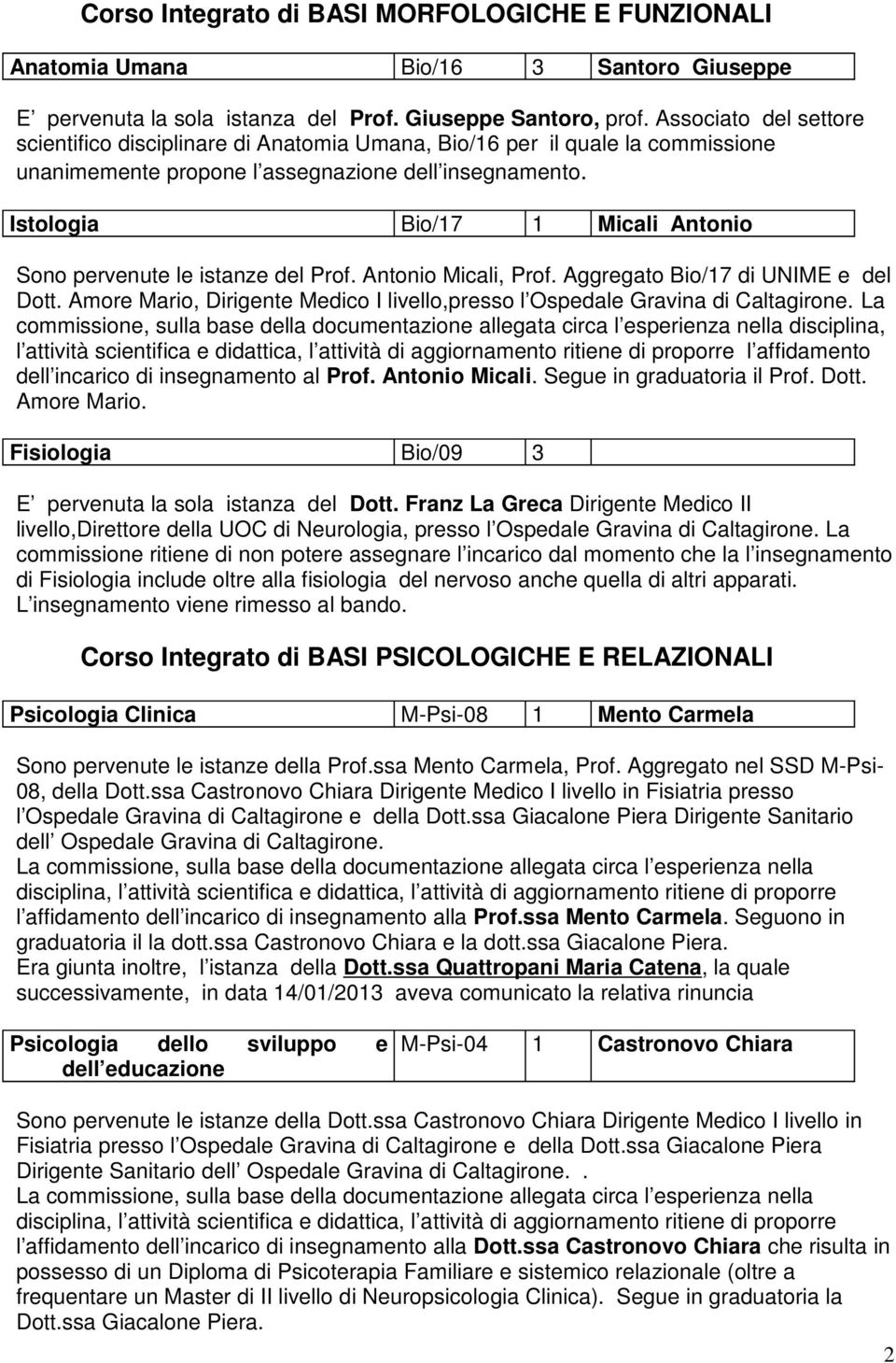 Istologia Bio/17 1 Micali Antonio Sono pervenute le istanze del Prof. Antonio Micali, Prof. Aggregato Bio/17 di UNIME e del Dott.