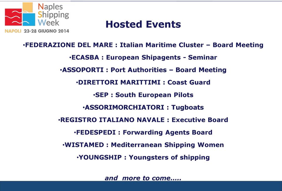 European Pilots ASSORIMORCHIATORI : Tugboats REGISTRO ITALIANO NAVALE : Executive Board FEDESPEDI :