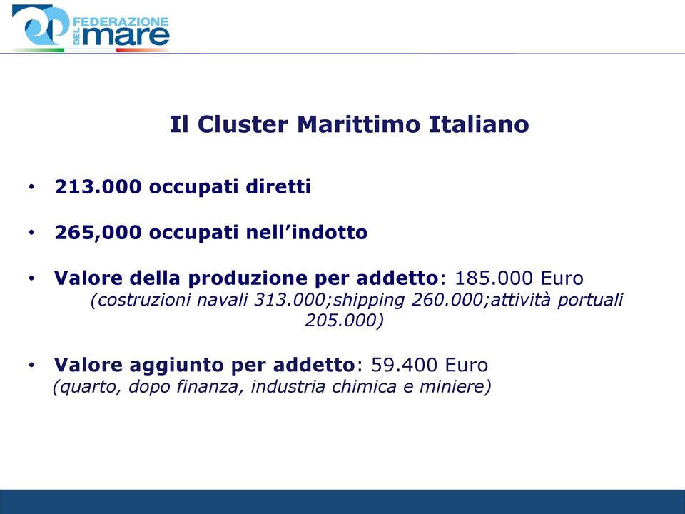 per addetto: 185.000 Euro (costruzioni navali 313.000;shipping 260.