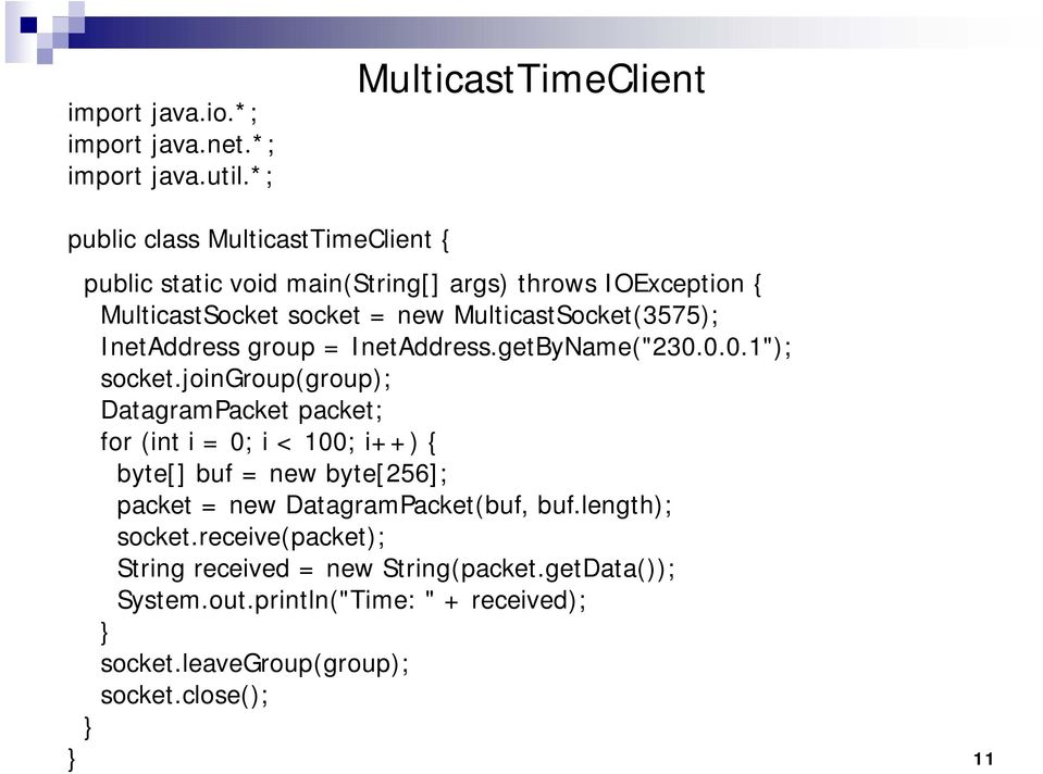 new MulticastSocket(3575); InetAddress group = InetAddress.getByName("230.0.0.1"); socket.