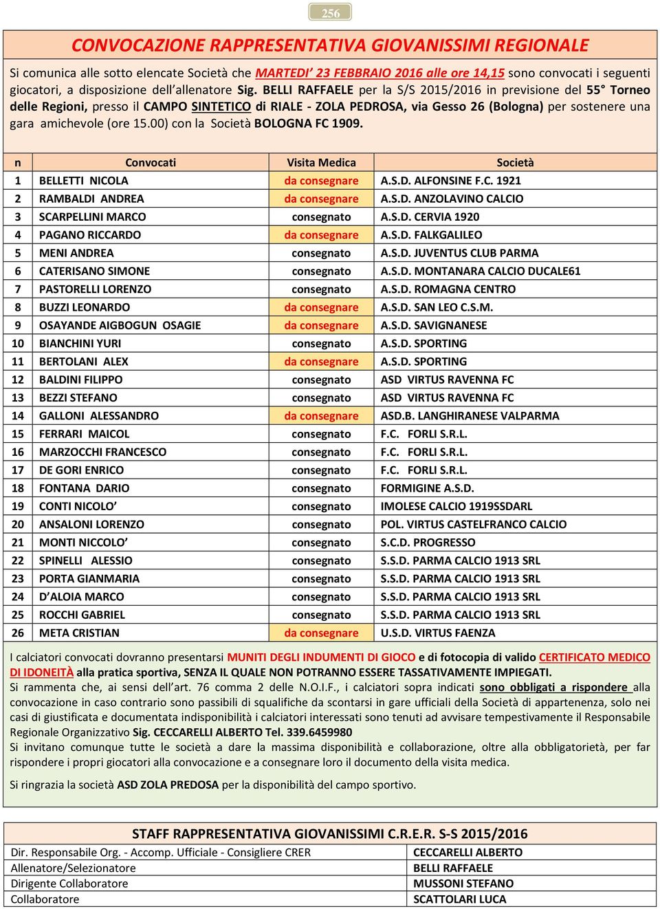 BELLI RAFFAELE per la S/S 2015/2016 in previsione del 55 Torneo delle Regioni, presso il CAMPO SINTETICO di RIALE - ZOLA PEDROSA, via Gesso 26 (Bologna) per sostenere una gara amichevole (ore 15.