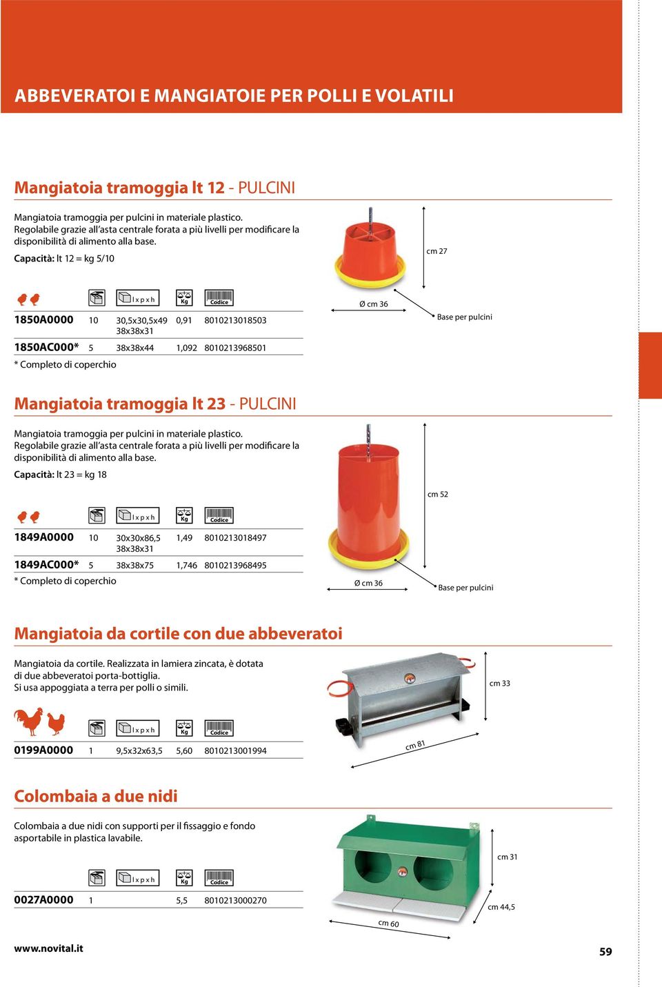 Capacità: lt 12 = kg 5/10 cm 27 1850A0000 1850AC000* 10 5 30,5x30,5x49 38x38x31 38x38x44 0,91 1,092 8010213018503 801021398501 Ø cm 3 Base per pulcini * Completo di coperchio Mangiatoia tramoggia lt