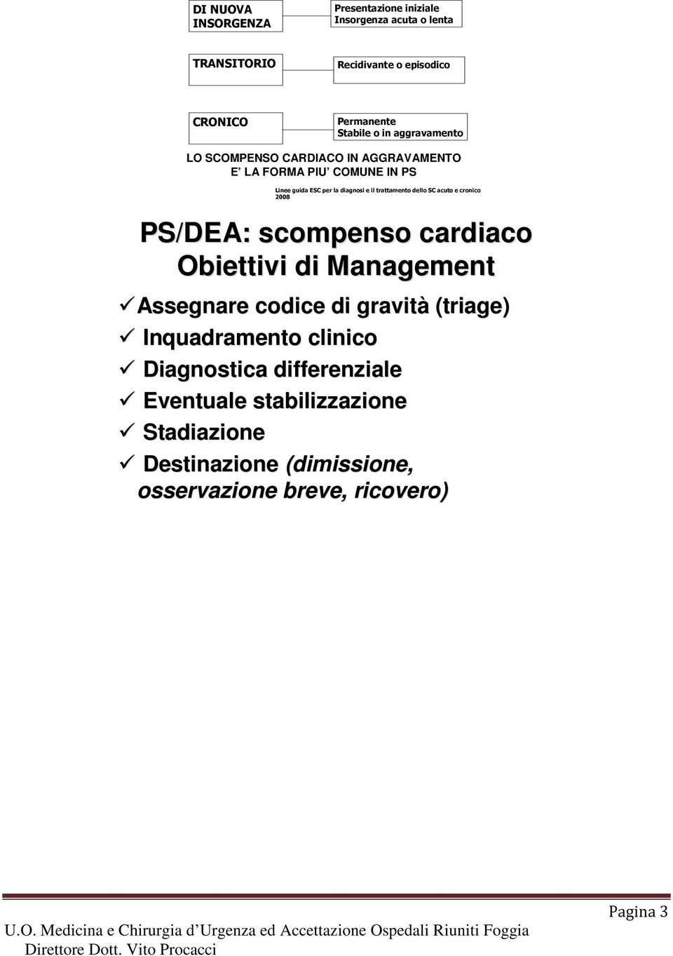 dello SC acuto e cronico 2008 PS/DEA: scompenso cardiaco Obiettivi di Management Assegnare codice di gravità (triage) Inquadramento