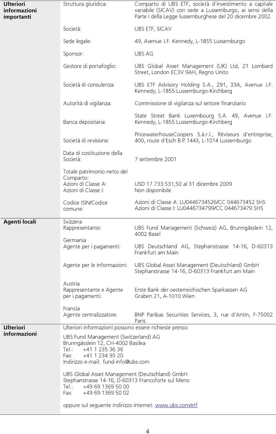 pagamenti: Agente per le informazioni: Austria Rappresentante e Agente per i pagamenti: Comparto di UBS ETF, società d'investimento a capitale variabile (SICAV) con sede a Lussemburgo, ai sensi della