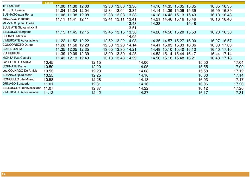 48 SULBIATE Giovanni XXIII 13.51 BELLUSCO Bergamo 11.15 11.45 12.15 12.45 13.15 13.56 14.28 14.50 15.20 15.53 16.20 16.50 BURAGO Mazzini 14.05 VIMERCATE Autostazione 11.22 11.52 12.22 12.52 13.22 14.