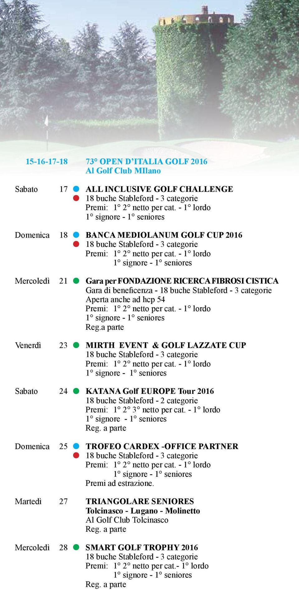 a parte Venerdì 23 MIRTH EVENT & GOLF LAZZATE CUP Sabato 24 KATANA Golf EUROPE Tour 2016 18 buche Stableford - 2 categorie Premi: 1 2 3 netto per cat.