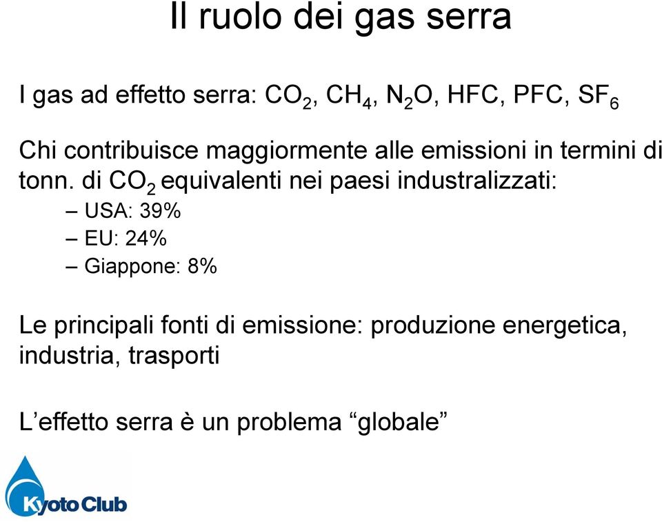 di CO 2 equivalenti nei paesi industralizzati: USA: 39% EU: 24% Giappone: 8% Le