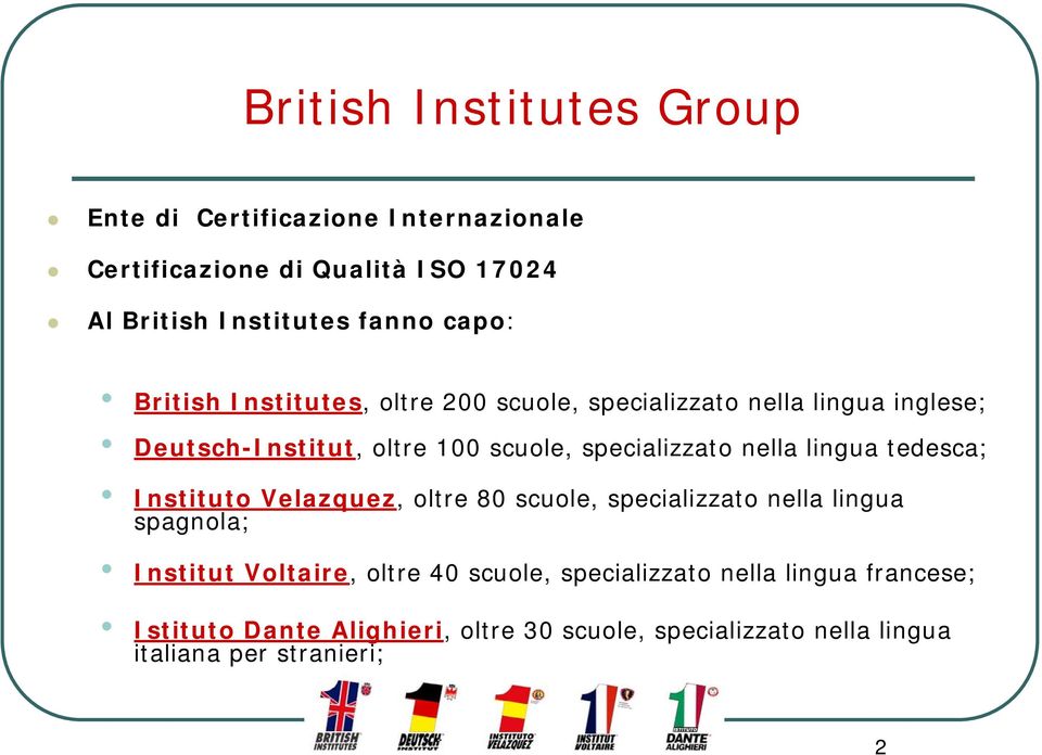 nella lingua tedesca; Instituto Velazquez, oltre 80 scuole, specializzato nella lingua spagnola; Institut Voltaire, oltre 40