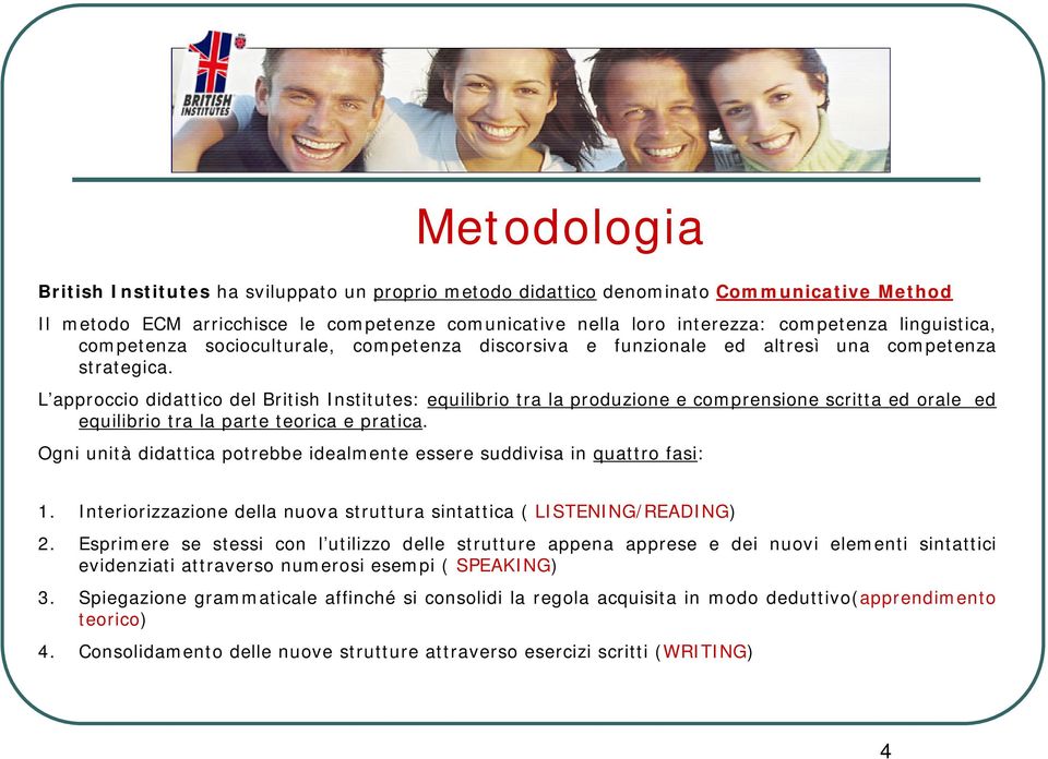 L approccio didattico del British Institutes: equilibrio tra la produzione e comprensione scritta ed orale ed equilibrio tra la parte teorica e pratica.