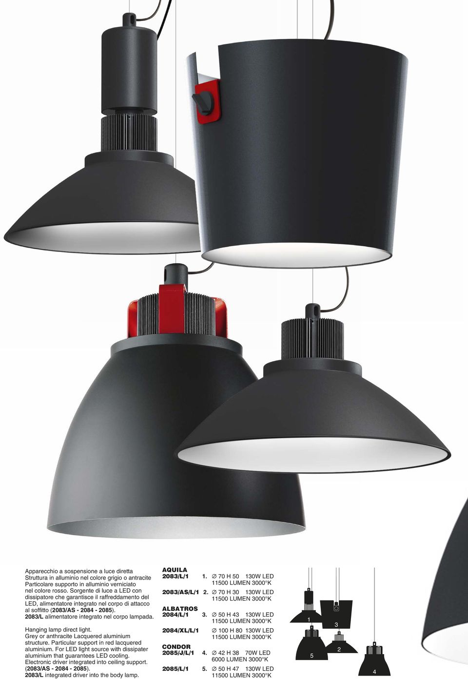 2083/L alimentatore integrato nel corpo lampada. Hanging lamp direct light. Grey or anthracite Lacquered aluminium structure. Particular support in red lacquered aluminium.