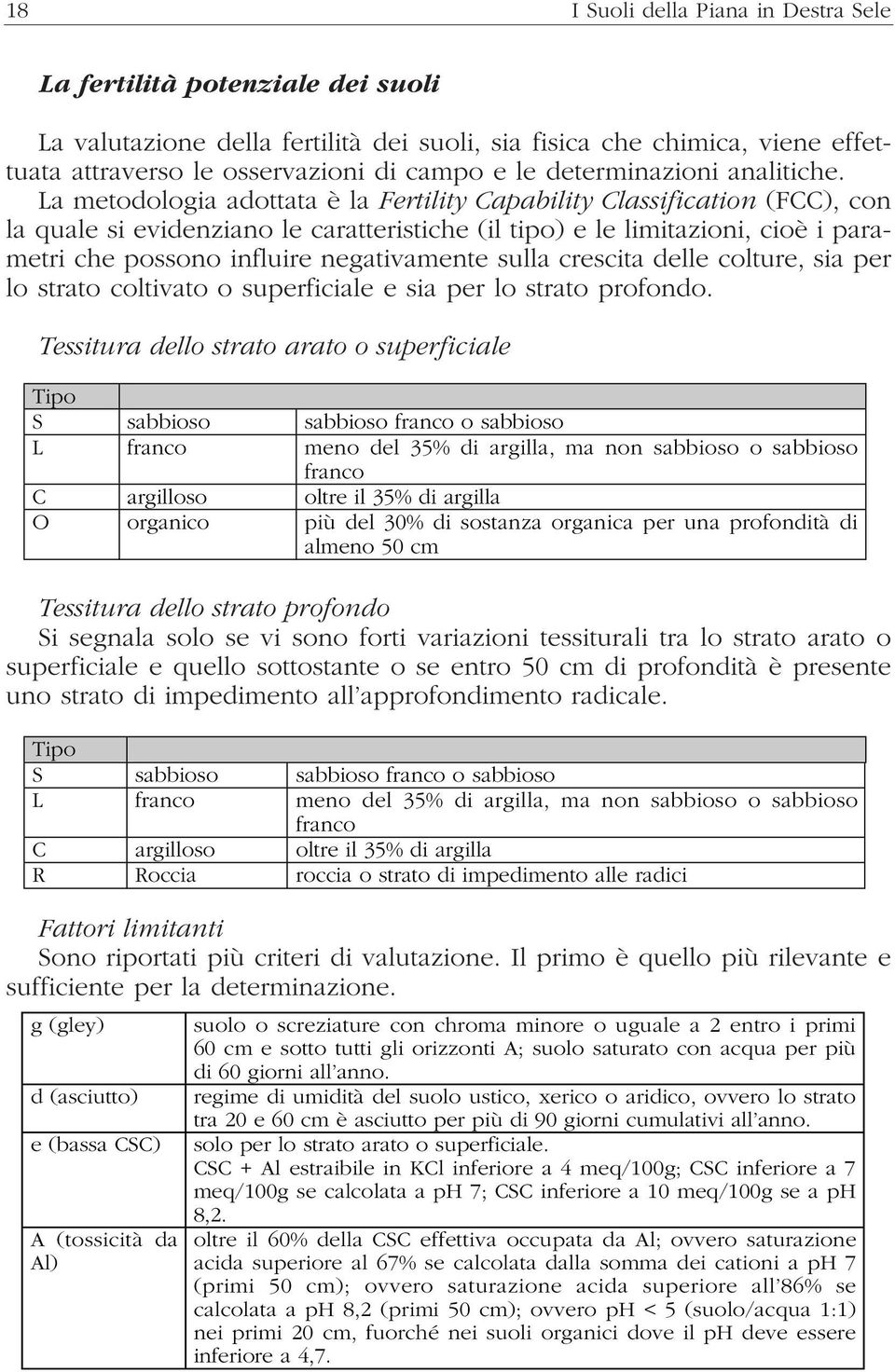 La metodologia adottata è la Fertility Capability Classification (FCC), con la quale si evidenziano le caratteristiche (il tipo) e le limitazioni, cioè i parametri che possono influire negativamente