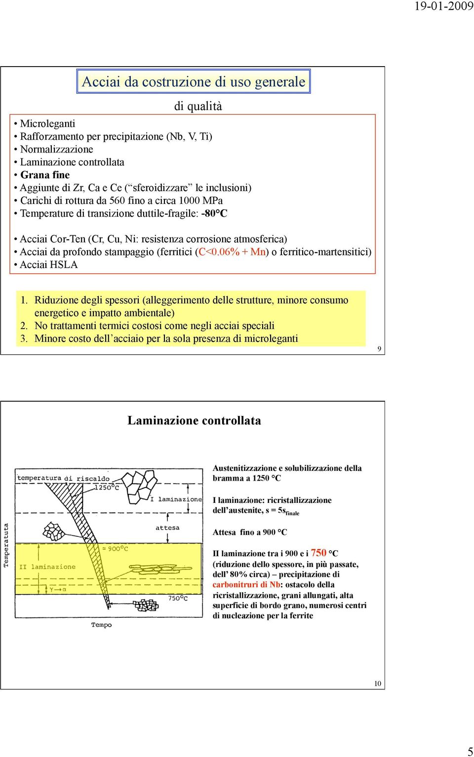 stampaggio (ferritici (C<0.06% + Mn) o ferritico-martensitici) Acciai HSLA 1. Riduzione degli spessori (alleggerimento delle strutture, minore consumo energetico e impatto ambientale) 2.