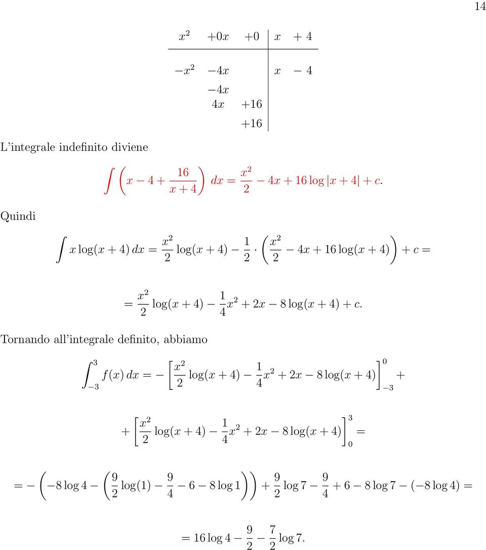 Tornando all integrale definito, abbiamo [ x f(x) dx log(x + 4) ] 4 x + x 8 log(x + 4) + [ x + log(x + 4) ]