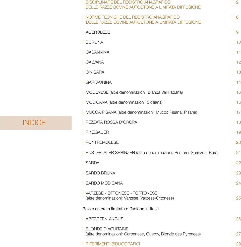 denominazioni: Mucco Pisana, Pisana) 17 PEZZATA ROSSA D OROPA 18 PINZGAUER 19 PONTREMOLESE 20 PUSTERTALER SPRINZEN (altre denominazioni: Pusterer Sprinzen, Barà) 21 SARDA 22 SARDO BRUNA 23 SARDO