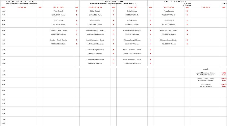 GIGLIETTO Nicola N GIGLIETTO Nicola N 09:30 Fisica Generale N Fisica Generale N Fisica Generale N Fisica Generale N 10:30 GIGLIETTO Nicola N GIGLIETTO Nicola N GIGLIETTO Nicola N GIGLIETTO Nicola N