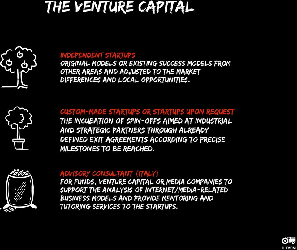 Custom-made Startups or Startups upon request The incubation of spin-offs aimed at industrial and strategic partners through already defined