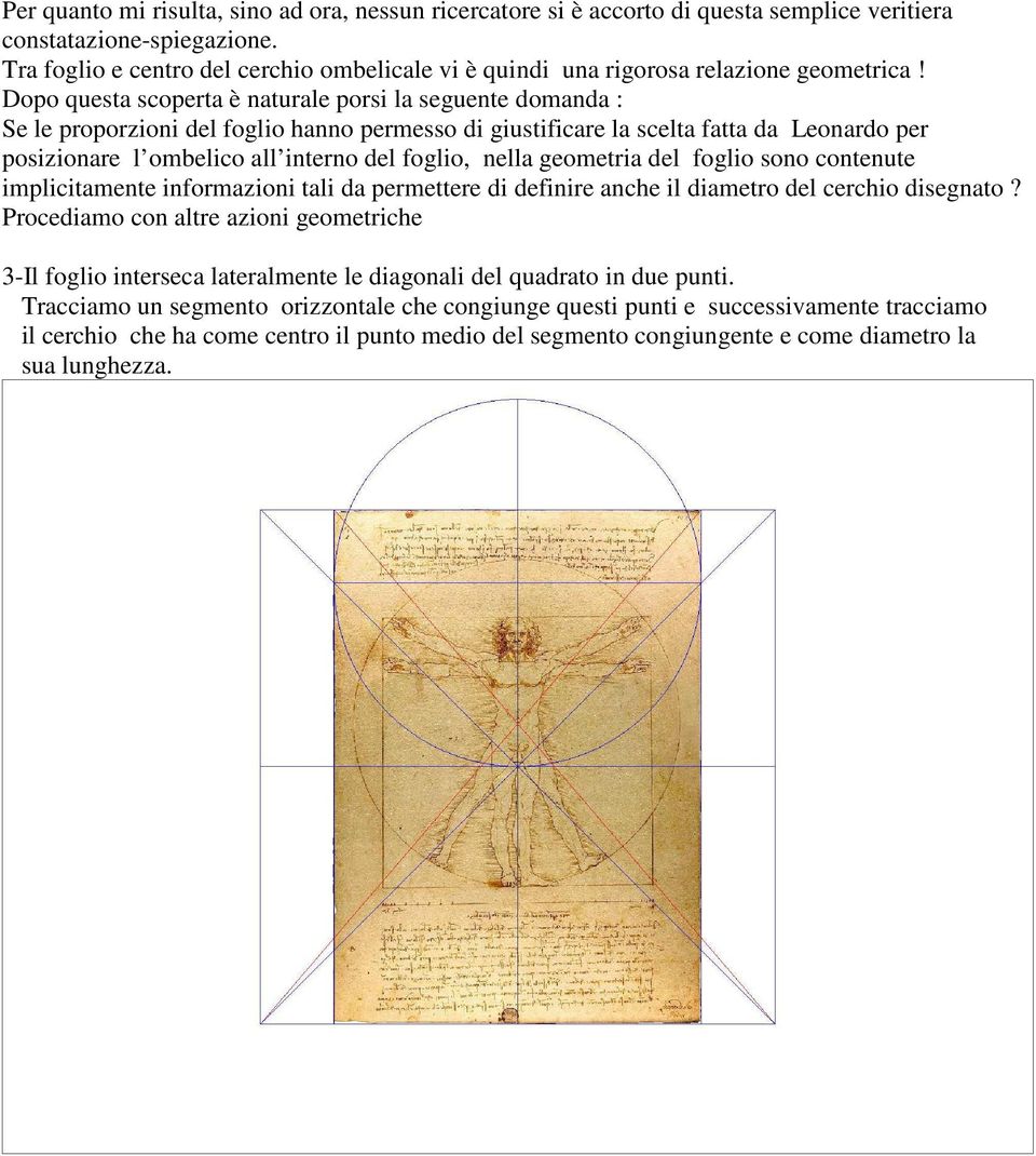 Dopo questa scoperta è naturale porsi la seguente domanda : Se le proporzioni del foglio hanno permesso di giustificare la scelta fatta da Leonardo per posizionare l ombelico all interno del foglio,