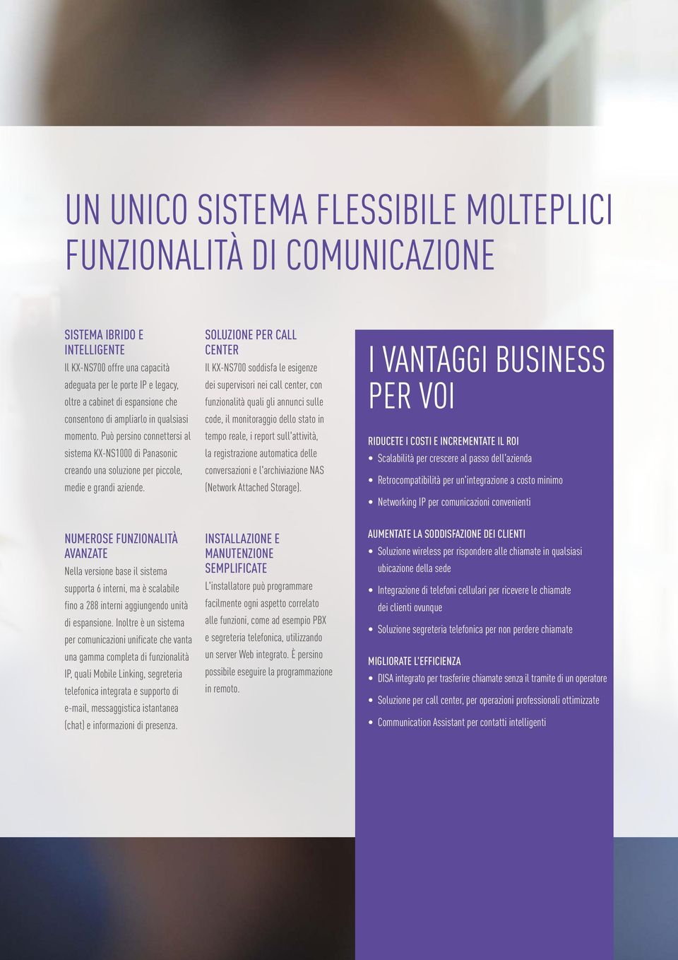 SOLUZIONE PER CALL CENTER Il KX-NS700 soddisfa le esigenze dei supervisori nei call center, con funzionalità quali gli annunci sulle code, il monitoraggio dello stato in tempo reale, i report