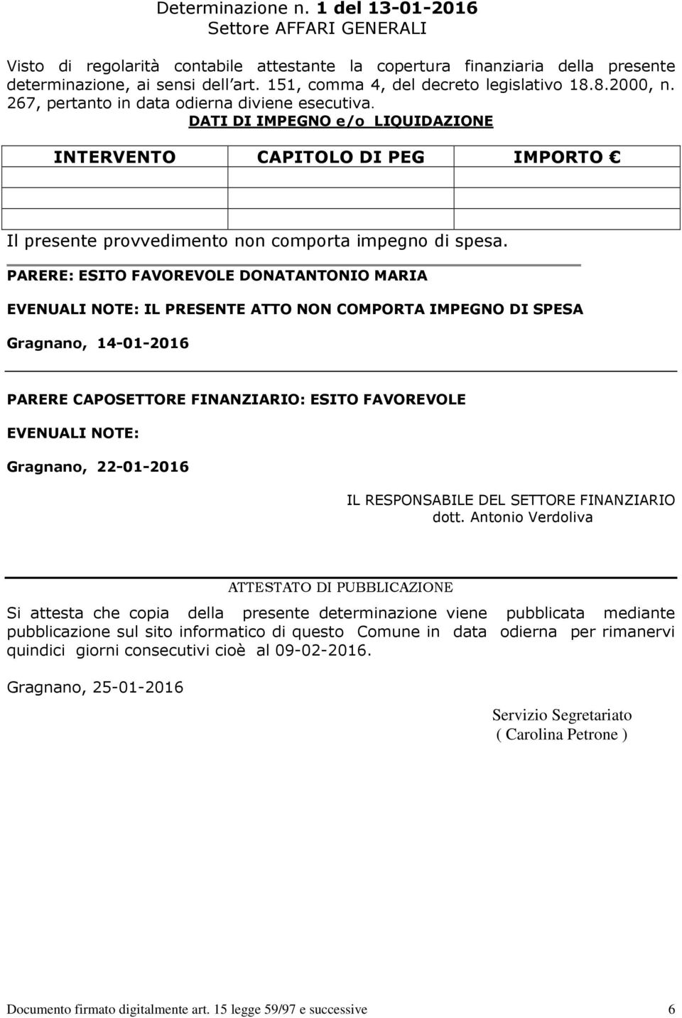 DATI DI IMPEGNO e/o LIQUIDAZIONE INTERVENTO CAPITOLO DI PEG IMPORTO Il presente provvedimento non comporta impegno di spesa.