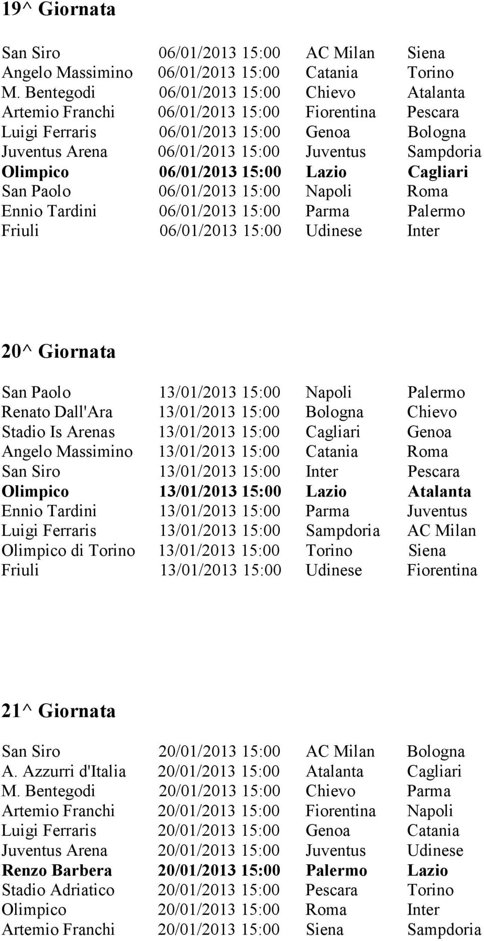 Olimpico 06/01/2013 15:00 Lazio Cagliari San Paolo 06/01/2013 15:00 Napoli Roma Ennio Tardini 06/01/2013 15:00 Parma Palermo Friuli 06/01/2013 15:00 Udinese Inter 20^ Giornata San Paolo 13/01/2013